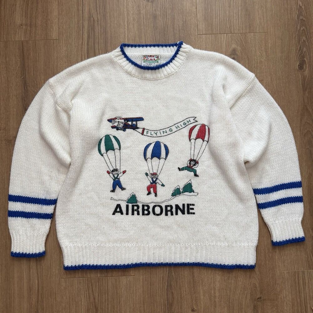 Vintage 70s Airborne Sweatshirt M Aviation Paratrooper Graphic Knit Crewneck USA